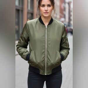 LUSH Olive Green Satin Flight Bomber Jacket - Silver Zip Moto Vibe - Large